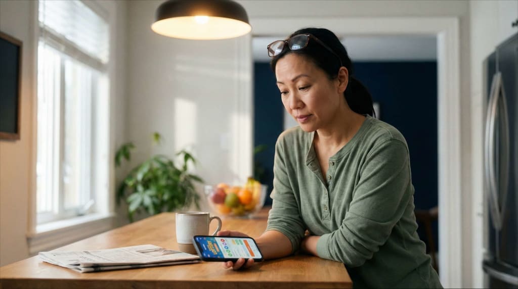 Mississauga couple lottery win moment — woman checking Lotto Max results on phone with genuine realization expression